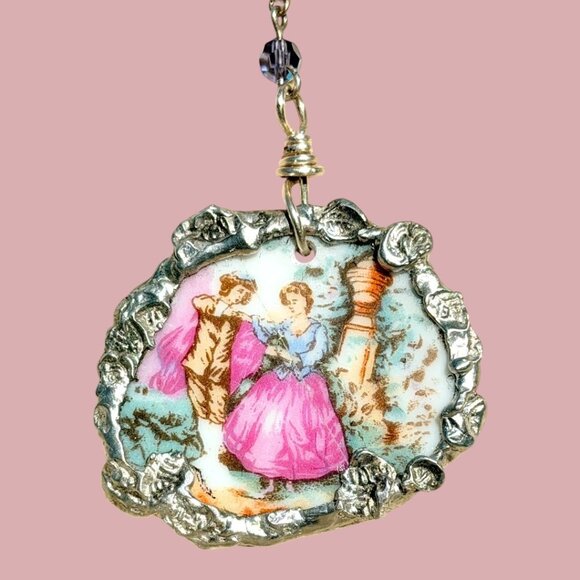 Hand Crafted Jewelry - Broken China Hand-Painted Porcelain Fragonard Cameo w/ Sterling Silver Necklace